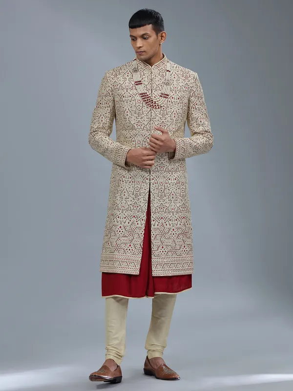 Cream silk peshwai sherwani for groom