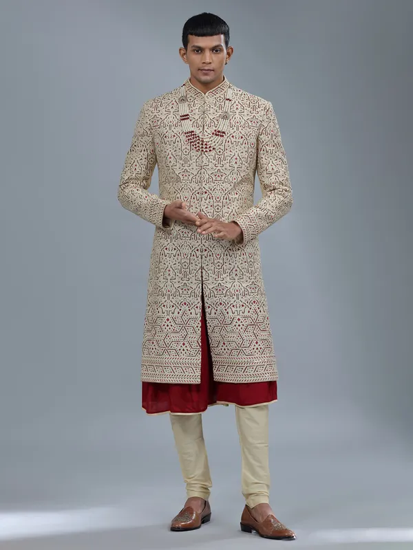 Cream silk peshwai sherwani for groom