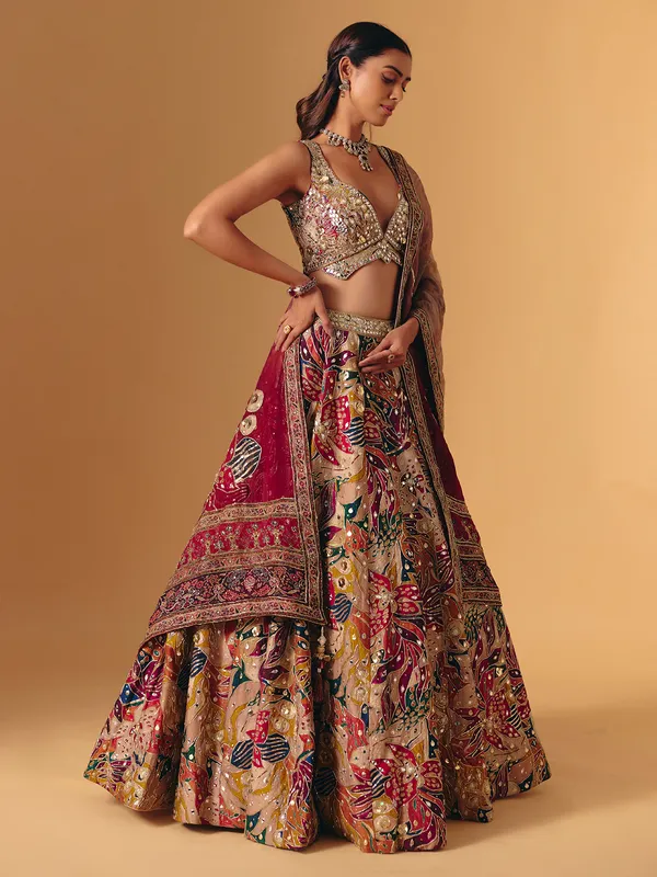 Cream silk printed aabla work lehenga choli for women