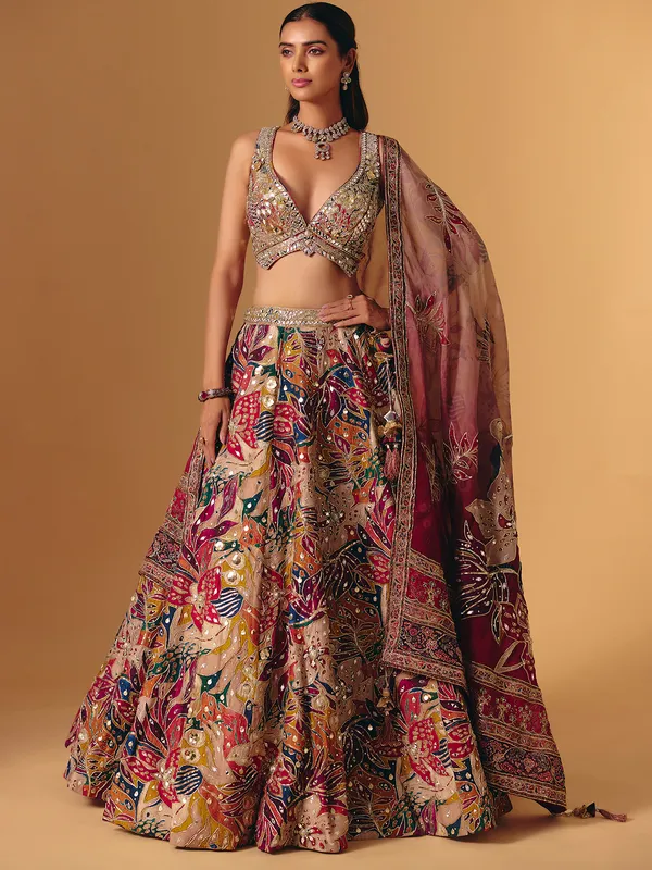 Cream silk printed aabla work lehenga choli for women