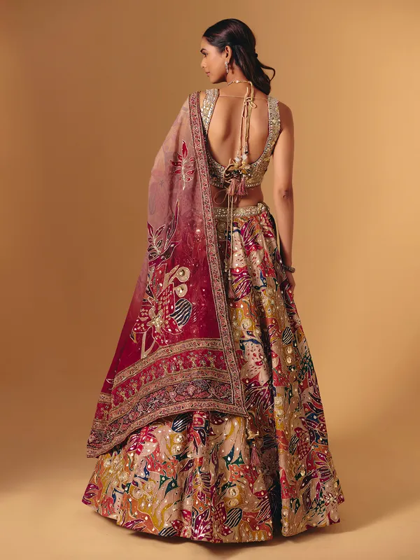 Cream silk printed aabla work lehenga choli for women