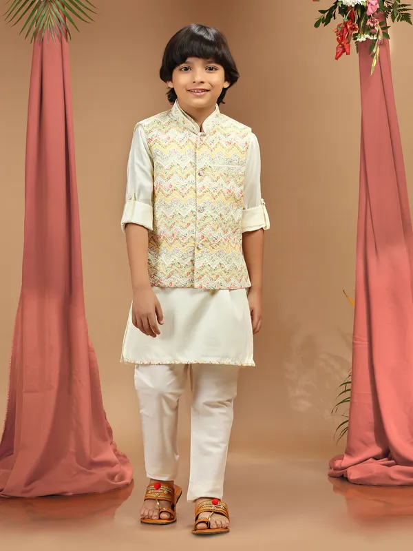 Cream silk printed boys waistcoat set