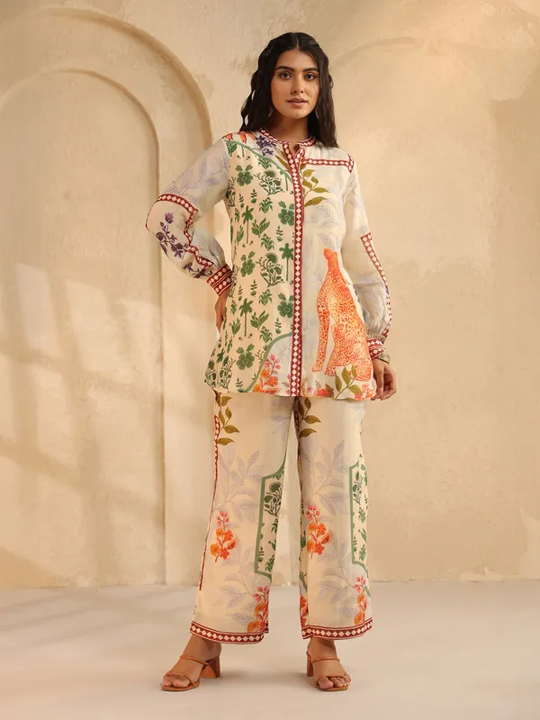 Cream silk printed co ord set for women
