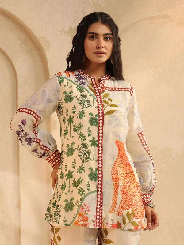 Cream silk printed co ord set for women