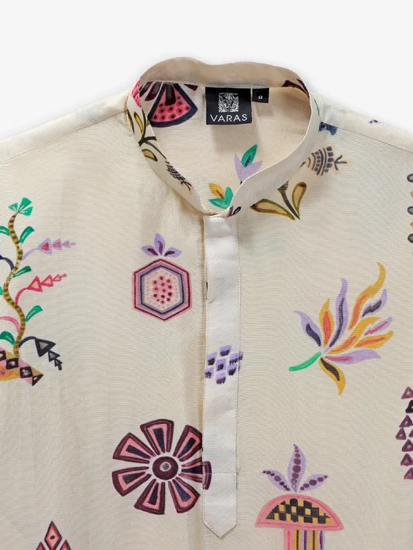 Cream silk printed festive kurta suit