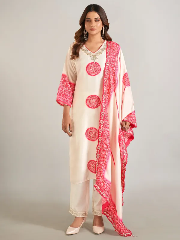 Cream silk printed festive wear salwar suit