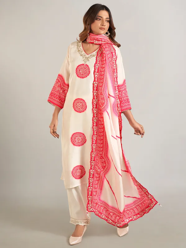 Cream silk printed festive wear salwar suit