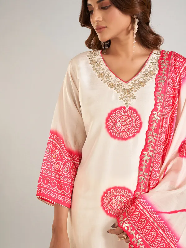 Cream silk printed festive wear salwar suit
