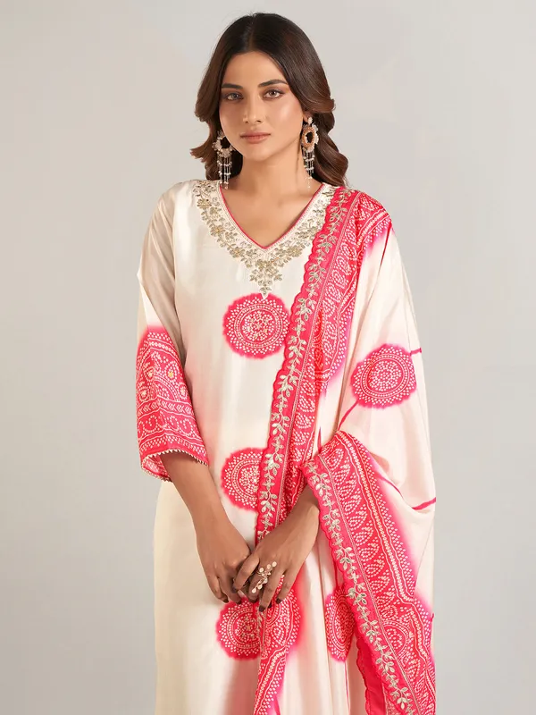 Cream silk printed festive wear salwar suit