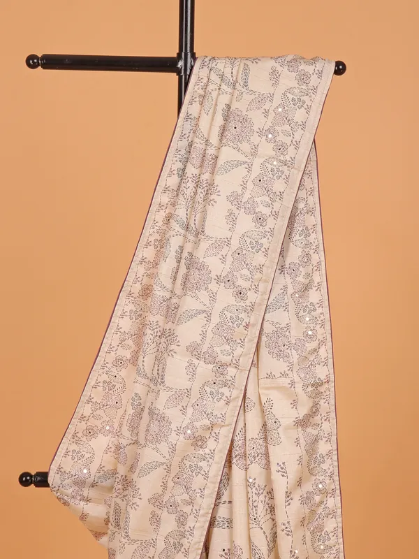 Cream silk printed saree for women