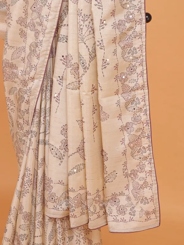 Cream silk printed saree for women