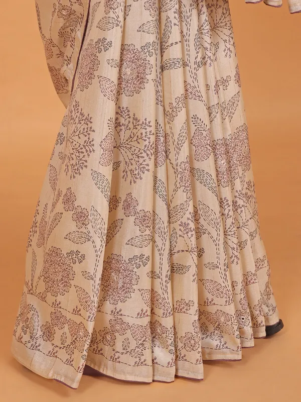 Cream silk printed saree for women