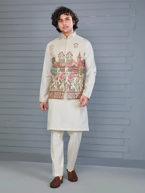 Cream tissue silk resham and sequin waistcoat set