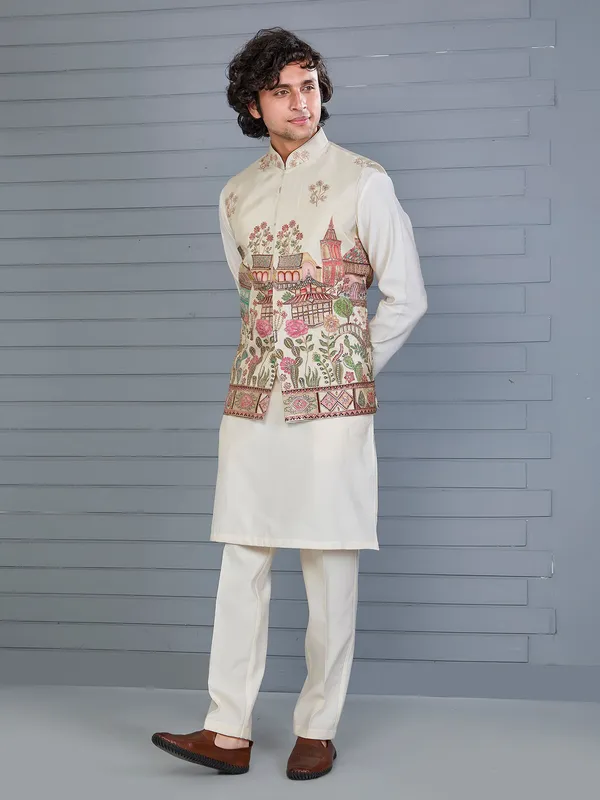 Cream tissue silk resham and sequin waistcoat set