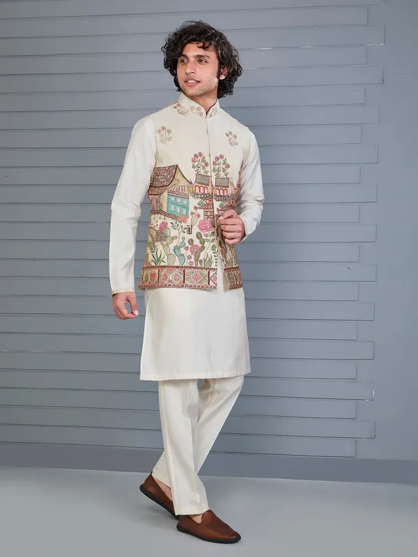Cream tissue silk resham and sequin waistcoat set
