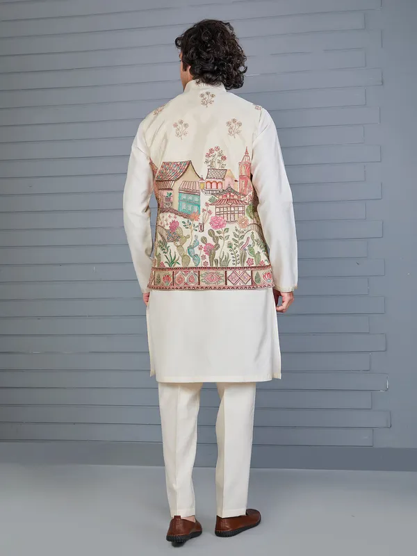 Cream tissue silk resham and sequin waistcoat set