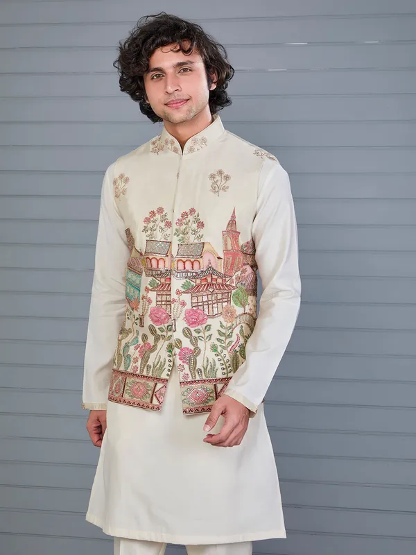 Cream tissue silk resham and sequin waistcoat set