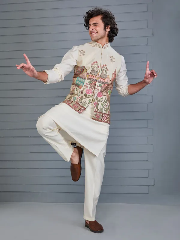 Cream tissue silk resham and sequin waistcoat set