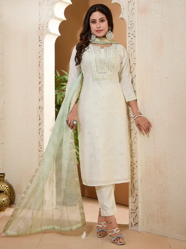 Cream silk salwar suit with dupatta