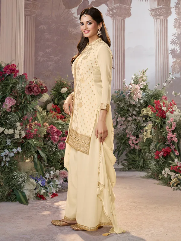Cream silk salwar suit with dupatta for festive wear
