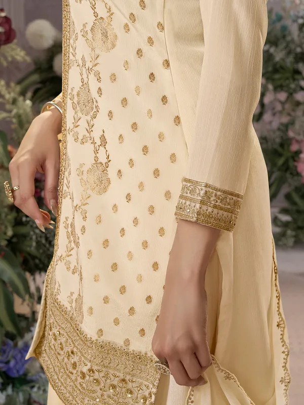 Cream silk salwar suit with dupatta for festive wear