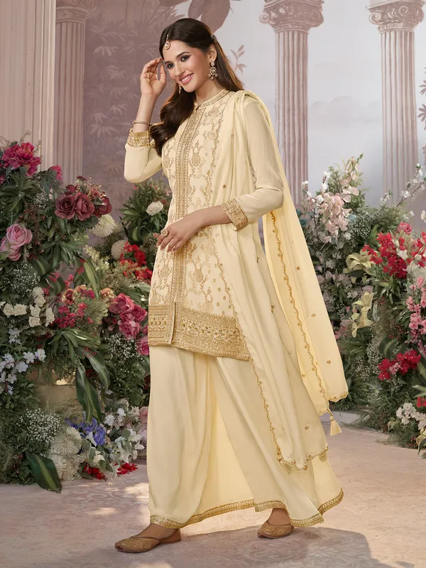 Cream silk salwar suit with dupatta for festive wear