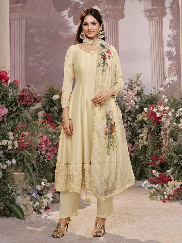 Cream silk salwar suit with printed dupatta for women