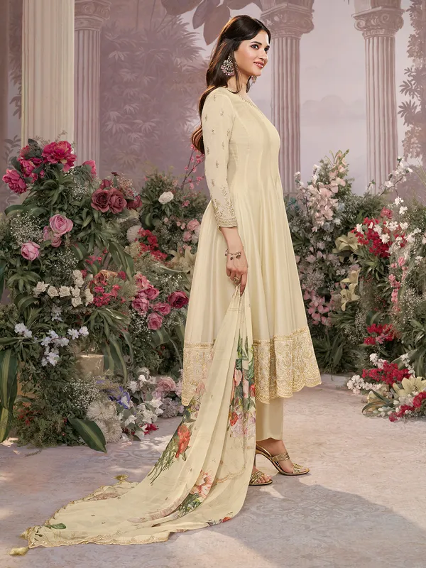 Cream silk salwar suit with printed dupatta for women