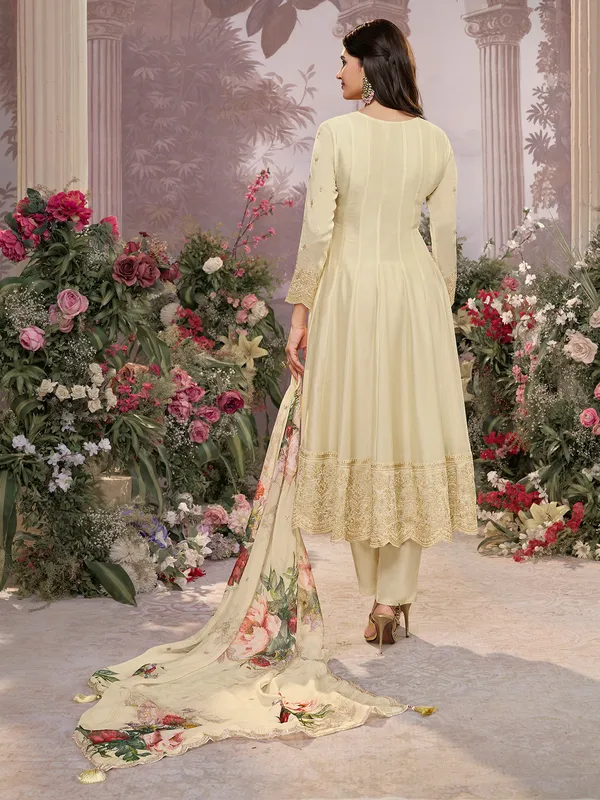 Cream silk salwar suit with printed dupatta for women