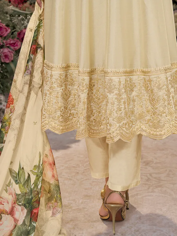 Cream silk salwar suit with printed dupatta for women