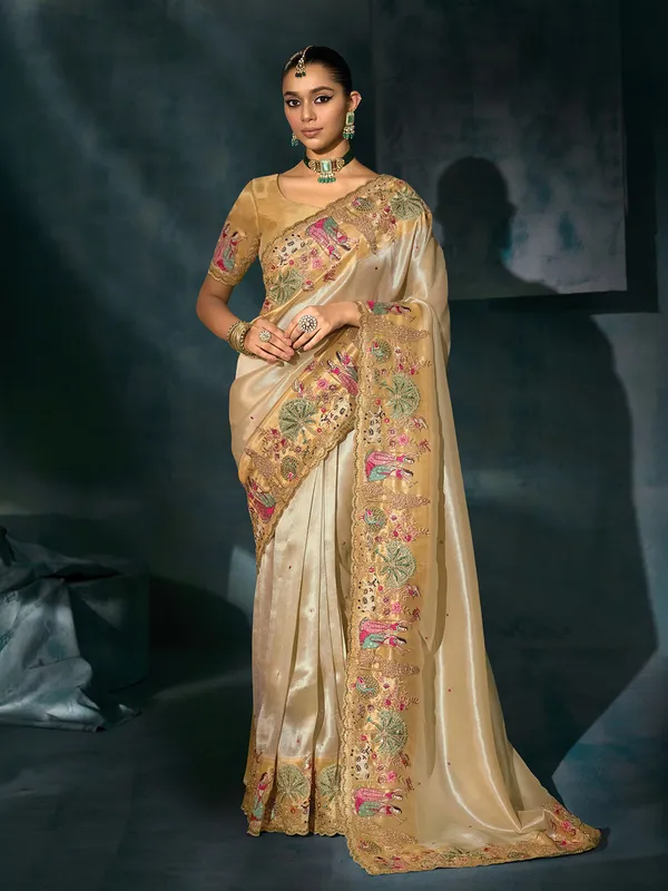Cream silk saree for elegant wedding wear