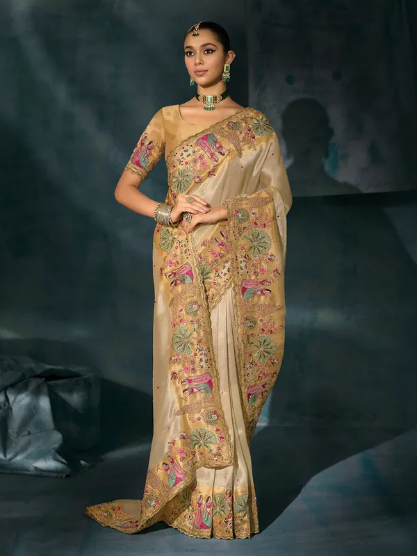 Cream silk saree for elegant wedding wear