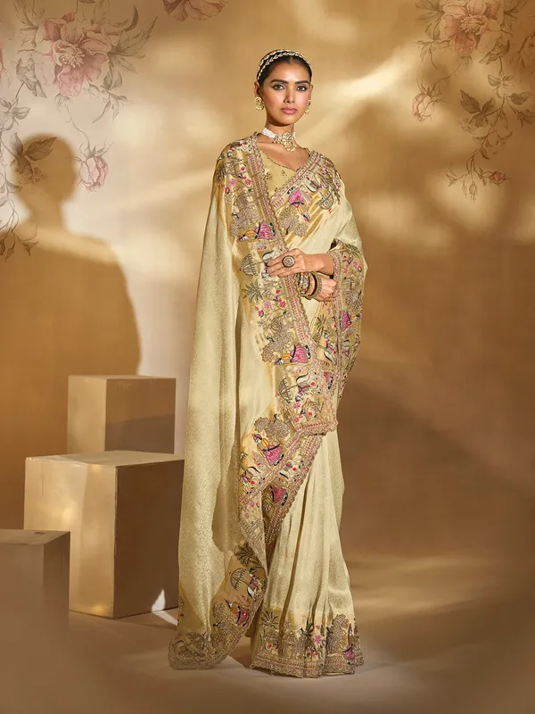 Cream silk saree for festive celebration