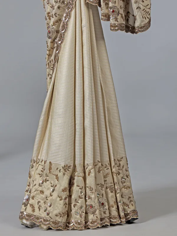 Cream silk saree for women wedding wear