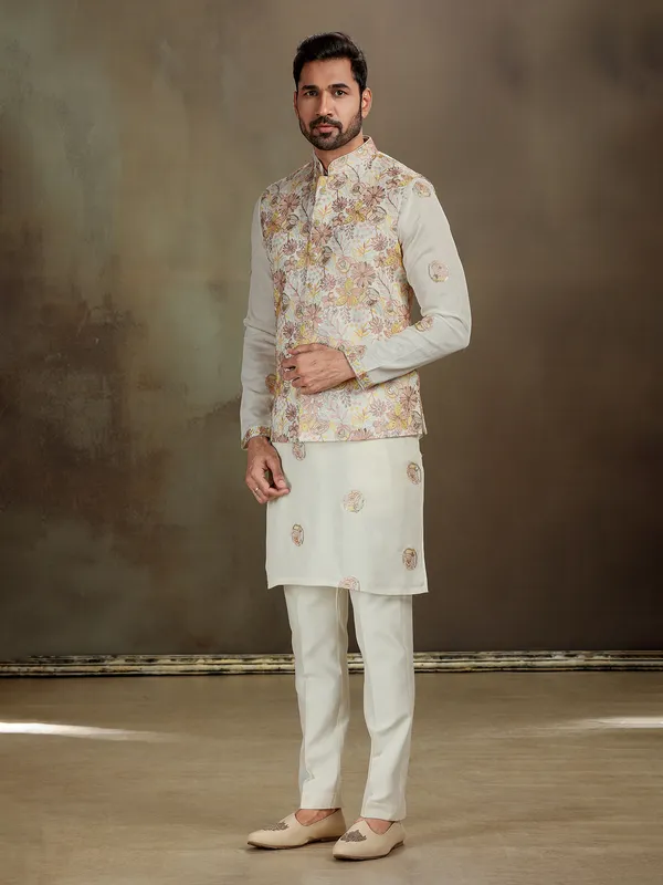 Cream silk sequin waistcoat set for men
