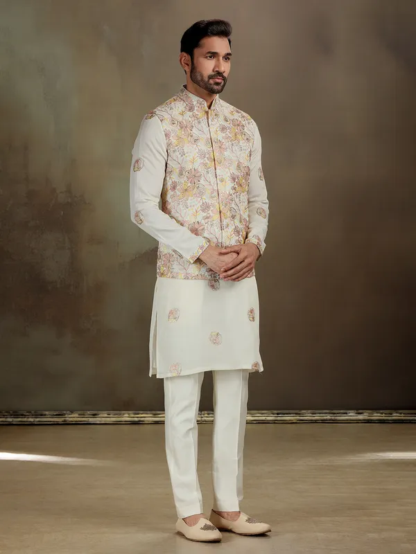 Cream silk sequin waistcoat set for men
