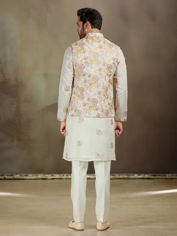 Cream silk sequin waistcoat set for men