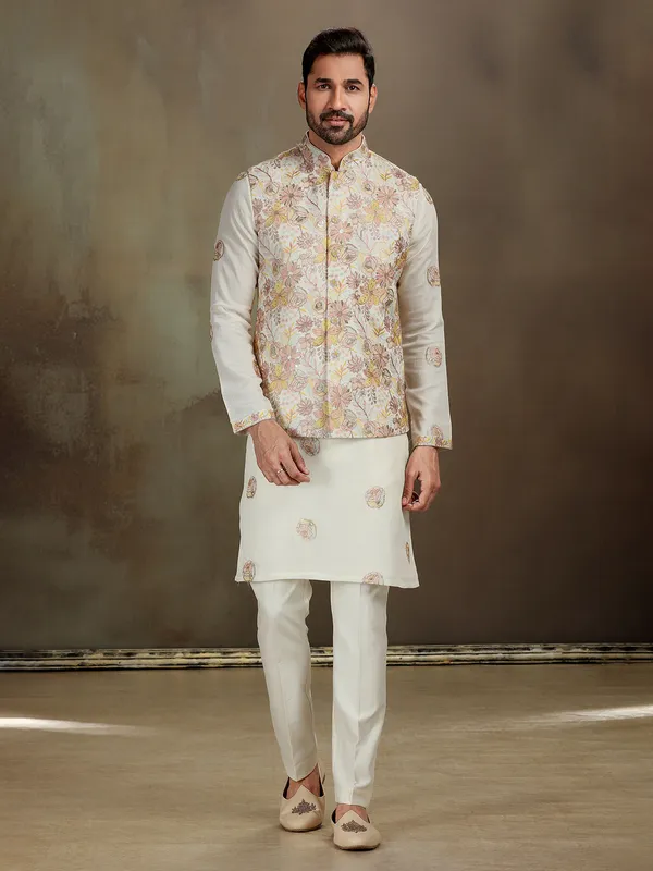 Cream silk sequin waistcoat set for men