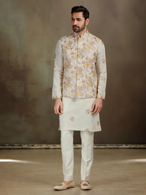 Cream silk sequin waistcoat set for men