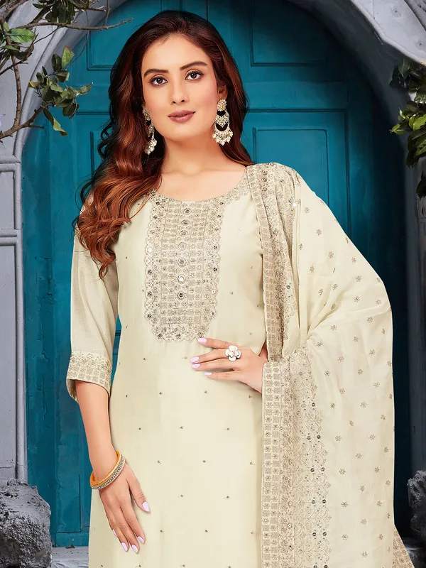 Cream silk sequins worked salwar suit