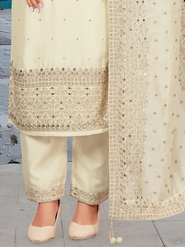 Cream silk sequins worked salwar suit