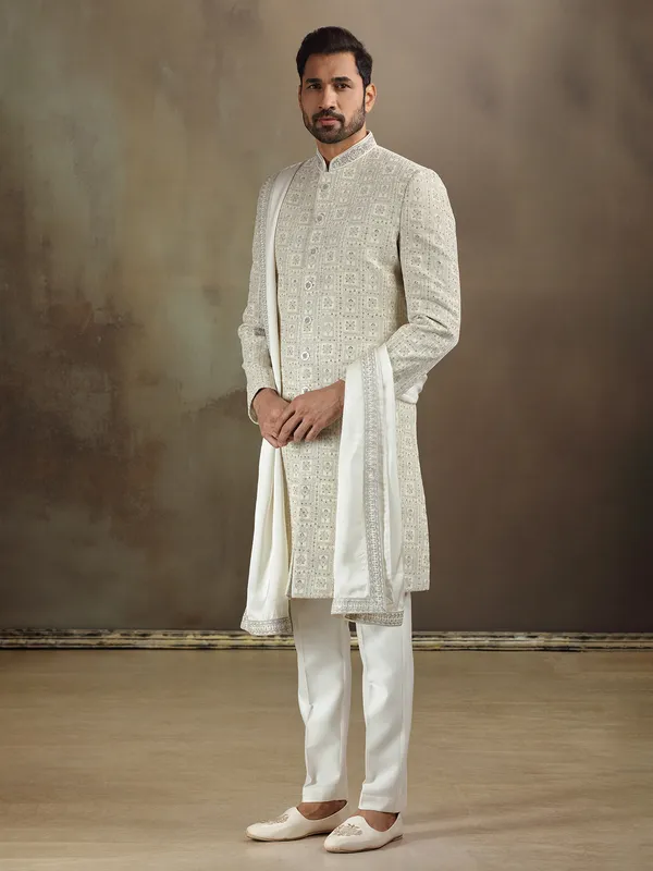 Cream silk sherwani with beautiful weaving