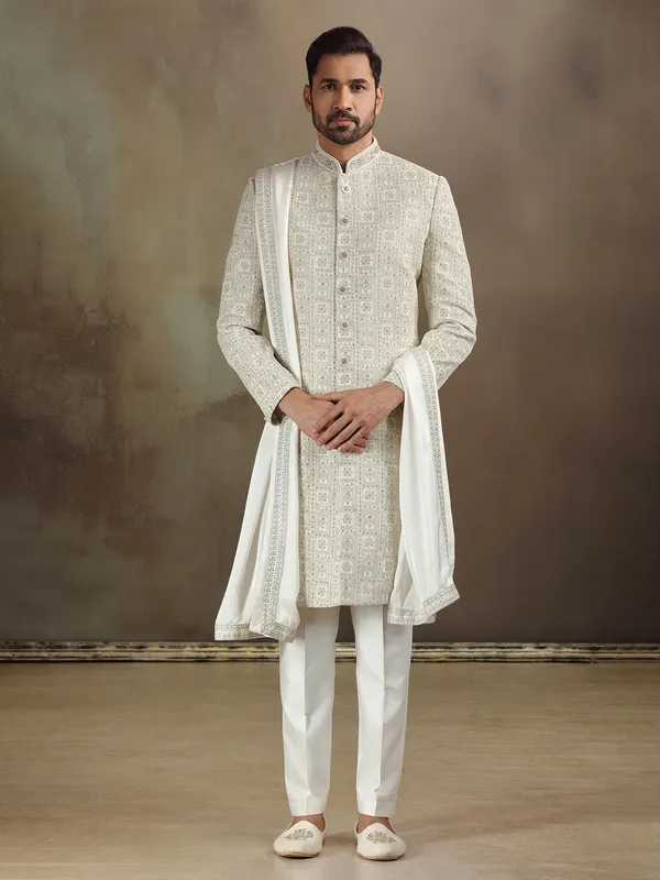 Cream silk sherwani with beautiful weaving
