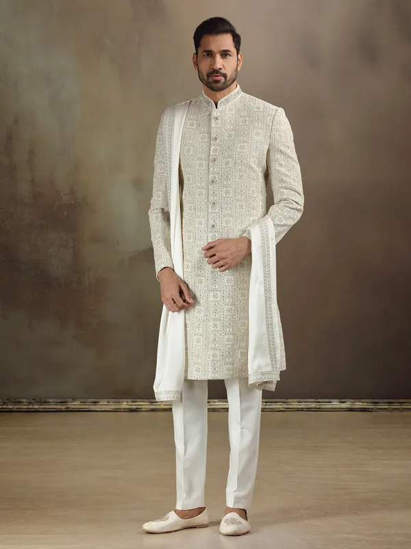 Cream silk sherwani with beautiful weaving