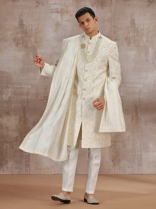 Cream silk sherwani with dupatta for groom