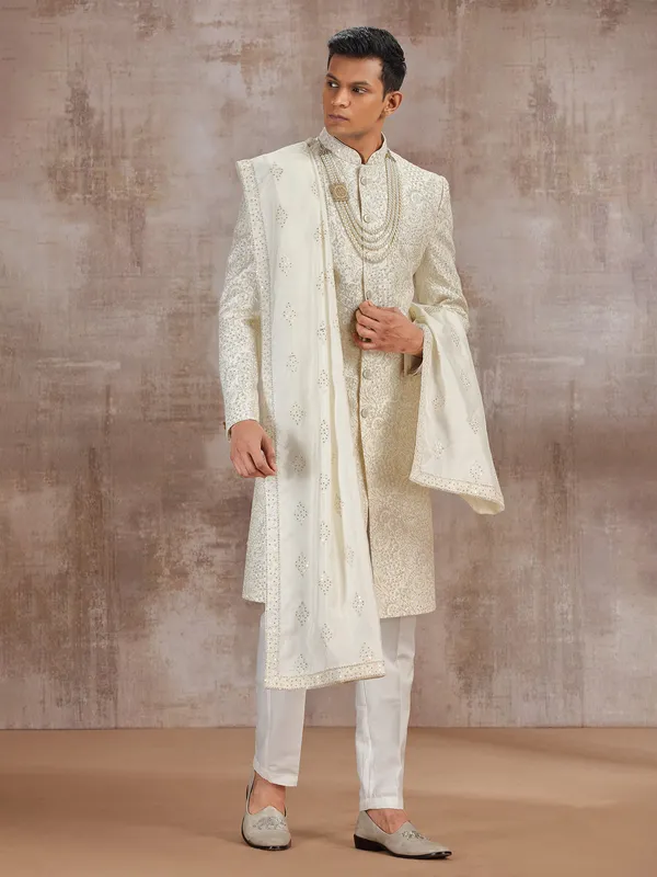 Cream silk sherwani with dupatta for groom