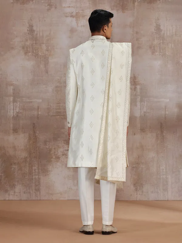 Cream silk sherwani with dupatta for groom