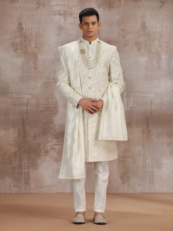 Cream silk sherwani with dupatta for groom