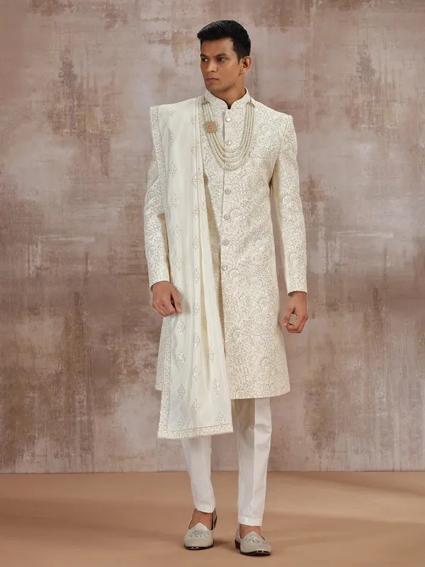 Cream silk sherwani with dupatta for groom