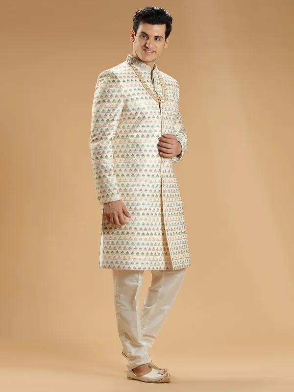 Cream silk sherwani with embroidery